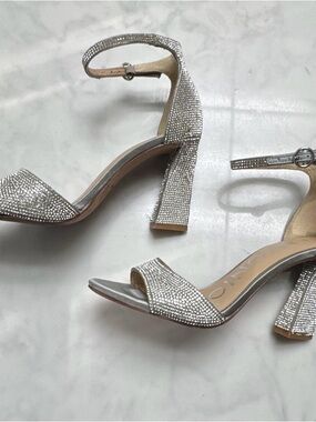 ANTONIO MELANI Silver Crystal Block Heel Sandals